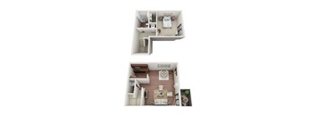 A top and bottom view of a small apartment layout.