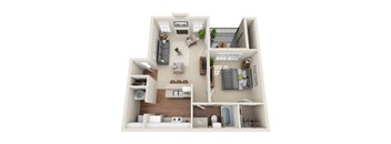 A 3D floor plan of a small apartment with a kitchen, living room, and bathroom.