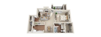 A 3D floor plan of a house with labeled rooms.