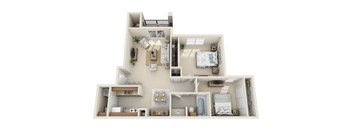 A 3D floor plan of a house with a kitchen, living room, and two bedrooms.
