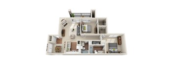 A 3D model of a house with various rooms and furniture.