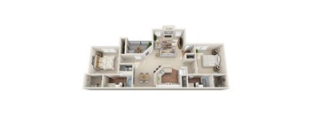 A 3D model of a house with various rooms and furniture.