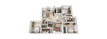 A 3D floor plan of a house with a kitchen, living room, and bathroom.