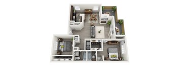 Two bed two bathroom floorplan with fireplace at Altamonte Apartments, San Antonio, 78216