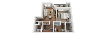 A 3D floor plan of a small apartment with a kitchen, living room, and bedroom.