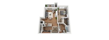 A 3D floor plan of a house with a living room, kitchen, and two bedrooms.