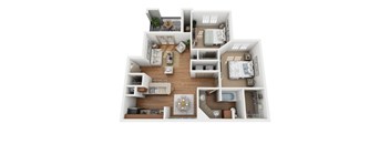 A 3D floor plan of a house with multiple rooms and furniture.