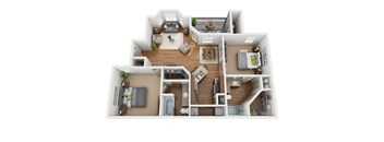 A detailed 3D floor plan of a modern apartment layout.