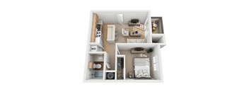 A 3D floor plan of a small apartment with a kitchen, living room, and bedroom.