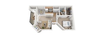 A top-down view of a two-bedroom apartment with a living room, kitchen, and bathroom.