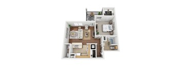 A 3D floor plan of a house with a kitchen, living room, and bedrooms.