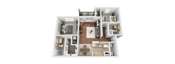A 3D floor plan of a small apartment with a kitchen, living room, and two bedrooms.
