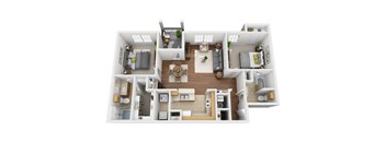 A 3D floor plan of a house with a kitchen, living room, and two bedrooms.