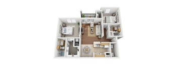 A 3D floor plan of a small apartment with a kitchen, living room, and bathroom.