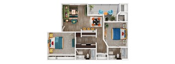 2 bedroom 2 bathroom floorplan with balcony at Arbors at Wolf Pen Creek Apartments, College Station, TX 77840