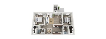 A 3D floor plan of a house with a living room, kitchen, dining room, and bedrooms.