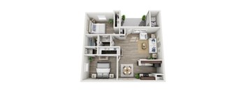 A 3D floor plan of a house with a kitchen, living room, and two bedrooms.