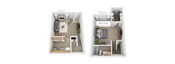 A diagram of a two-story apartment with a living room, kitchen, and bathroom on the first floor and a bedroom on the second floor.