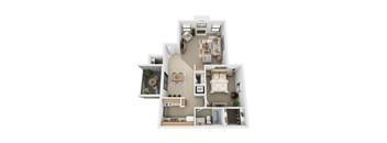 A 3D floor plan of a house with a kitchen, living room, and two bedrooms.