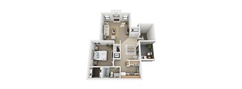 A floor plan of a small apartment with a kitchen, living room, and two bedrooms.