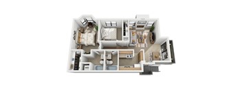 A detailed 3D floor plan of a compact living space.