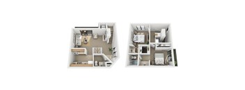 A floor plan of a two-bedroom apartment with a living room, kitchen, and bathroom.