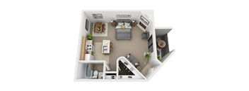 A 3D image of a small apartment with a bed, desk, and kitchenette.