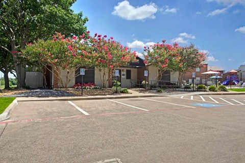 Community leasing office with flowering landscape at South Meadows Apartments, Texas