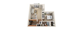 A top-down view of a small apartment with a bedroom, living room, and kitchen.