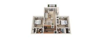 A top-down view of a two-bedroom apartment with a living room, kitchen, and bathroom.