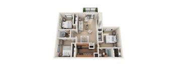 A top-down view of a two-bedroom apartment with a living room, kitchen, and bathroom.