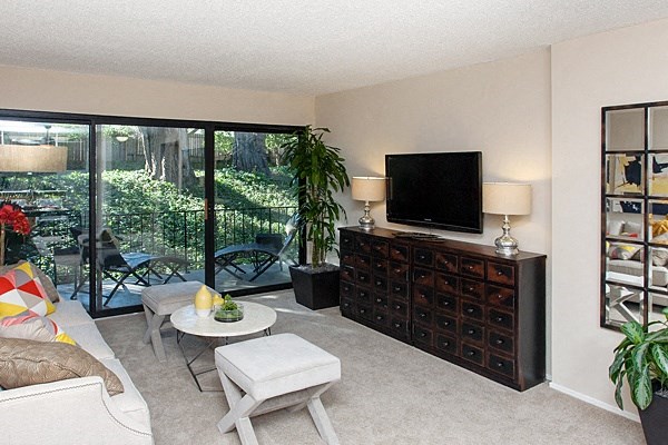 a living room with a television and a sliding glass door