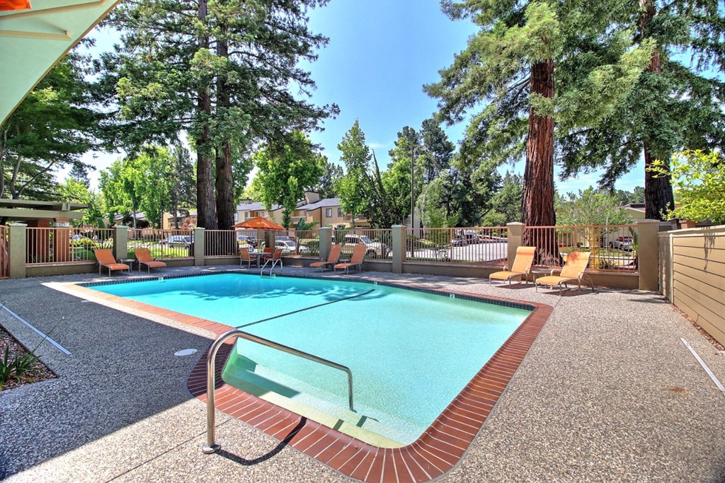 our resort style swimming pool is surrounded by chairs and trees