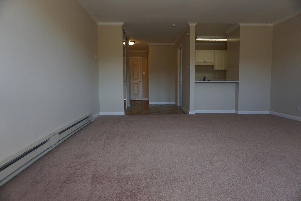 A room with a carpeted floor and a doorway leading to another room.
