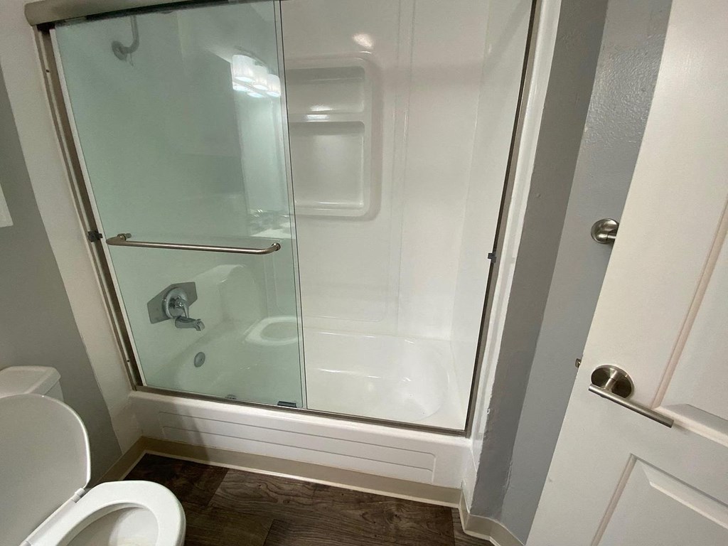 A white toilet is next to a glass shower door.