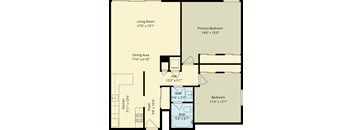 A floor plan of a house showing a living room, dining area, kitchen, and two bathrooms.
