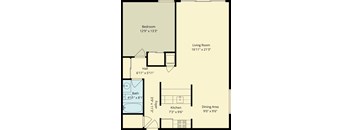 A floor plan of a room with a bedroom, living room, hall, bath, kitchen, dining area, and foyer.