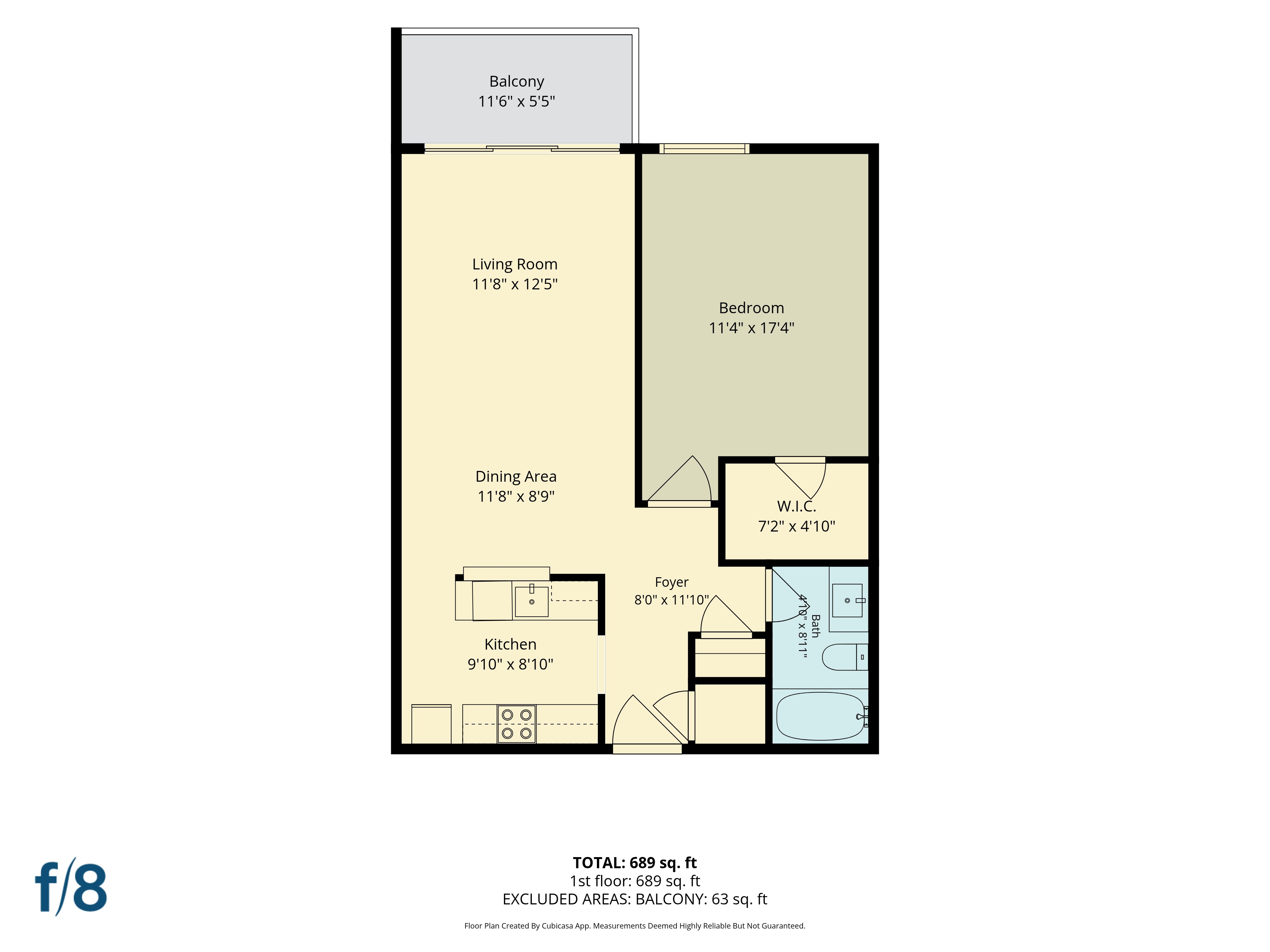A floor plan of a one bedroom apartment with a living room, dining area, kitchen and balcony.