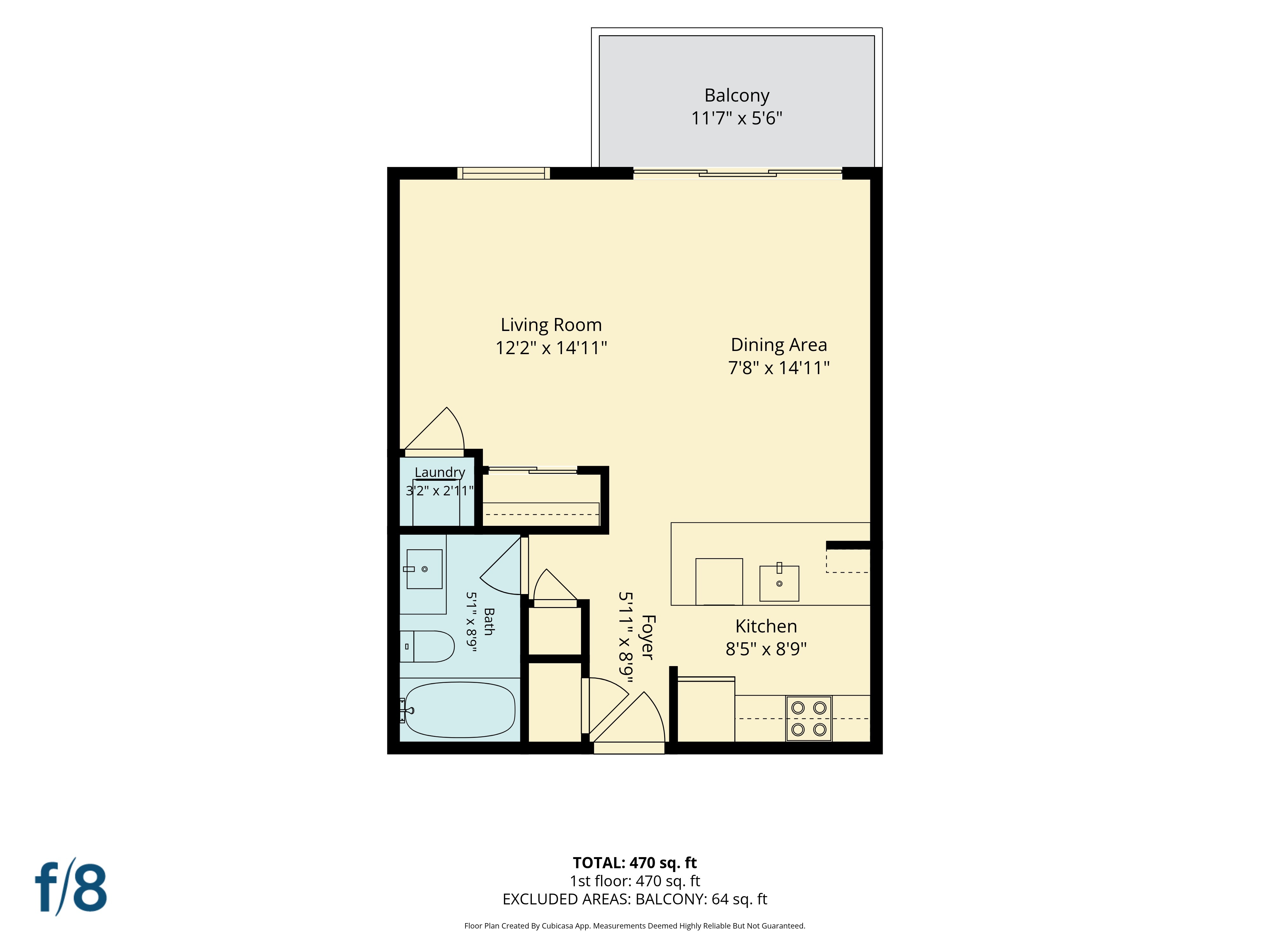 A floor plan for an apartment with a living room, dining area, kitchen, and bathroom.