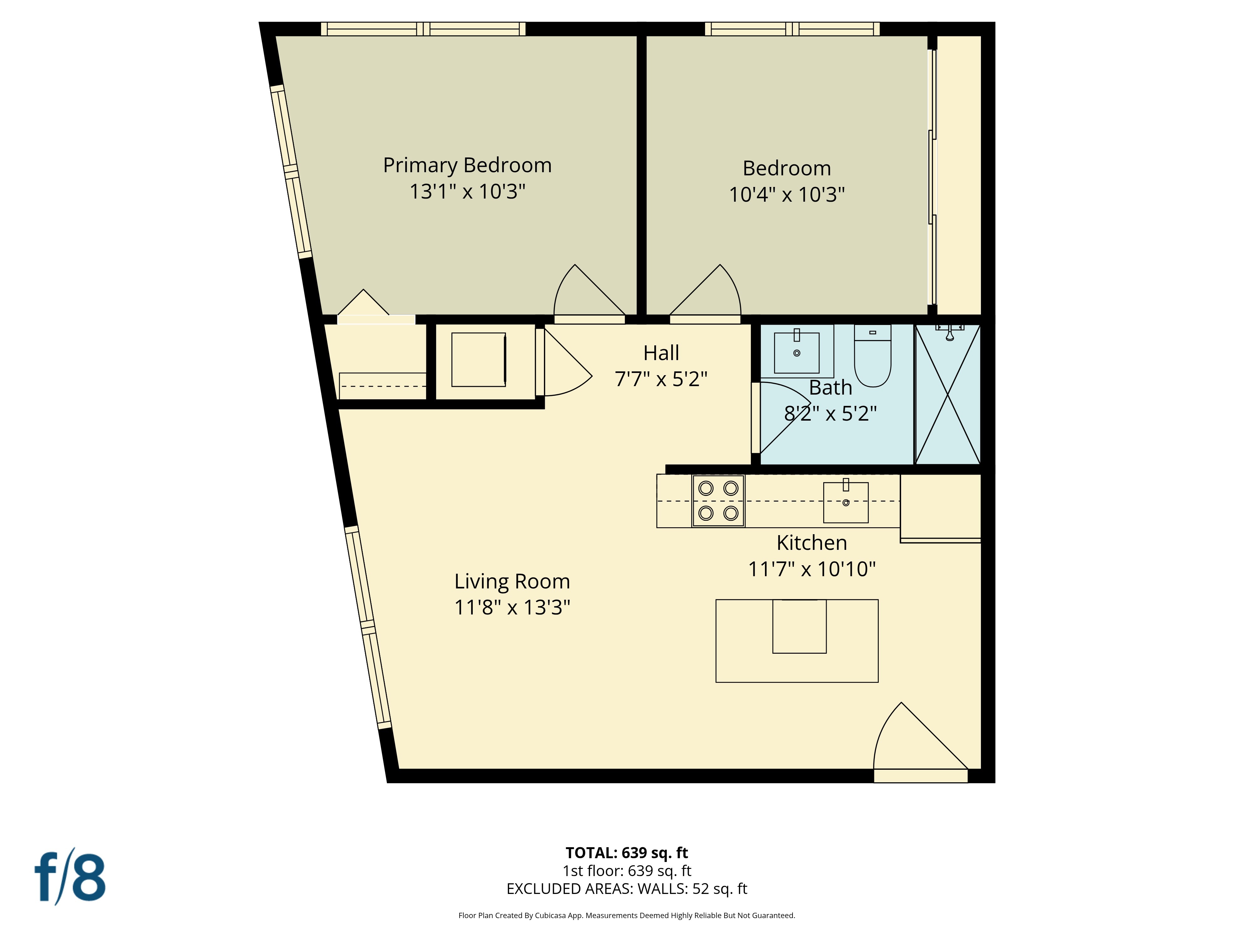 A floor plan of a home with a living room, two bedrooms, a hallway, and a kitchen.