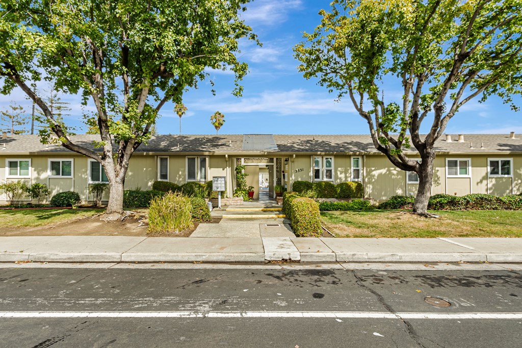 A row of houses with trees in front.