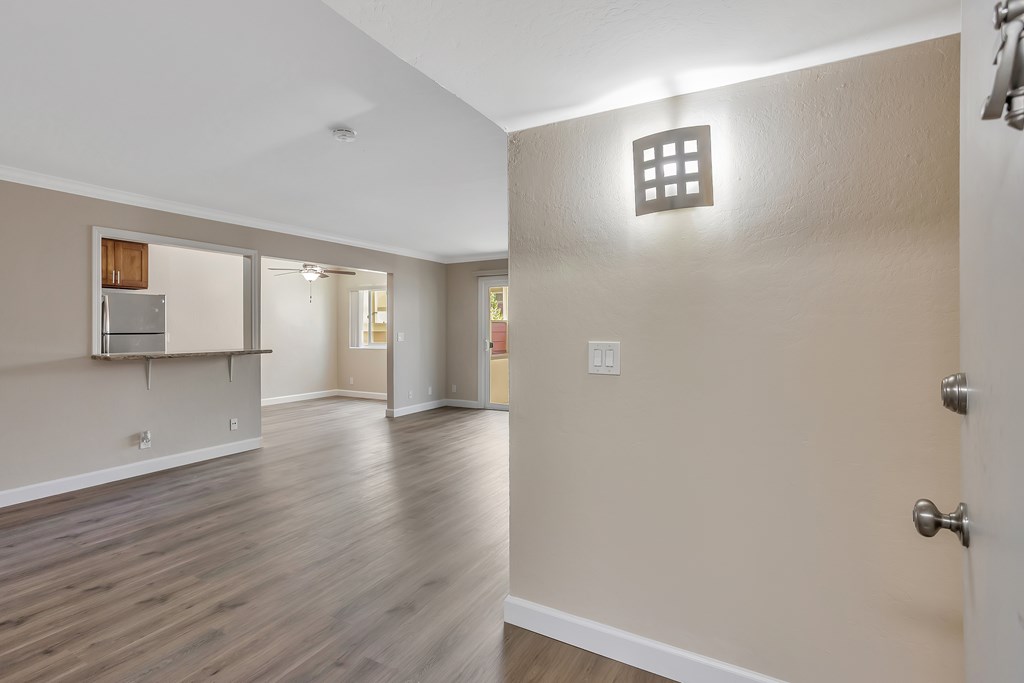 A room with a wooden floor and a white door.