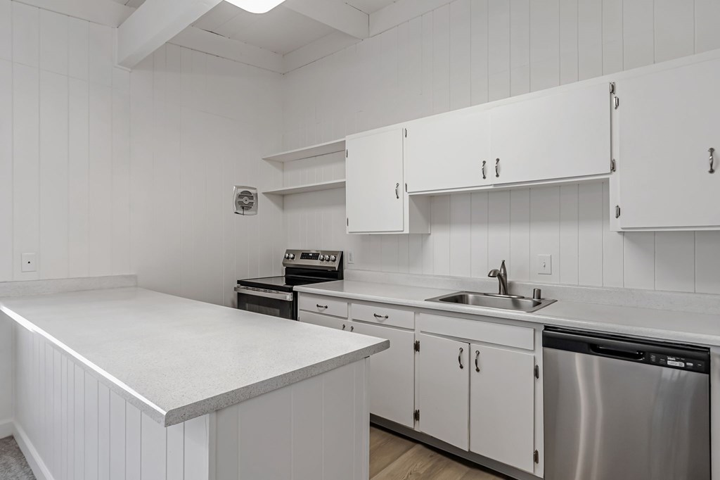 A white kitchen with a stainless steel dishwasher and a sink.