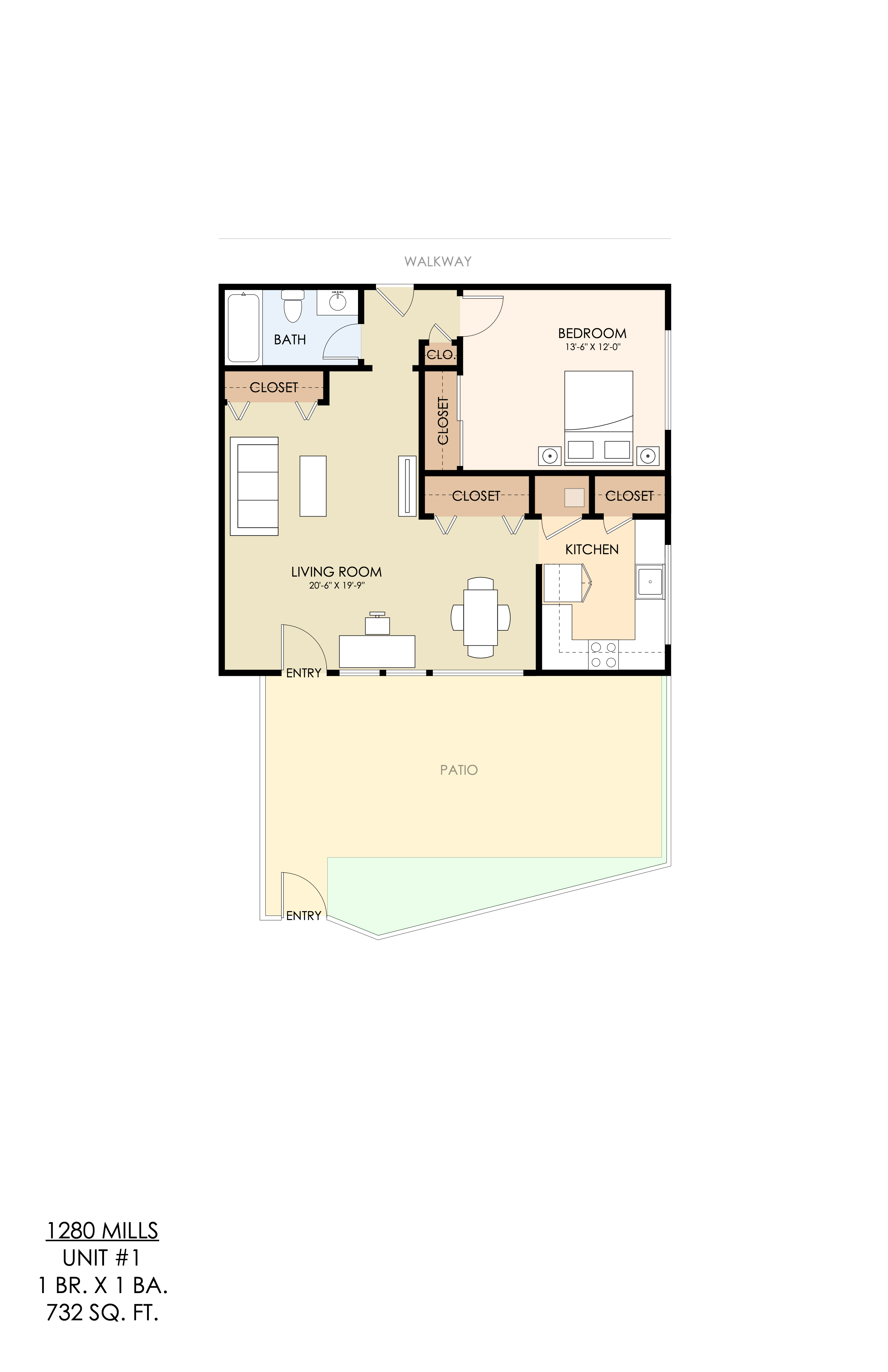 A floor plan of a 1280 square foot, one bedroom apartment.