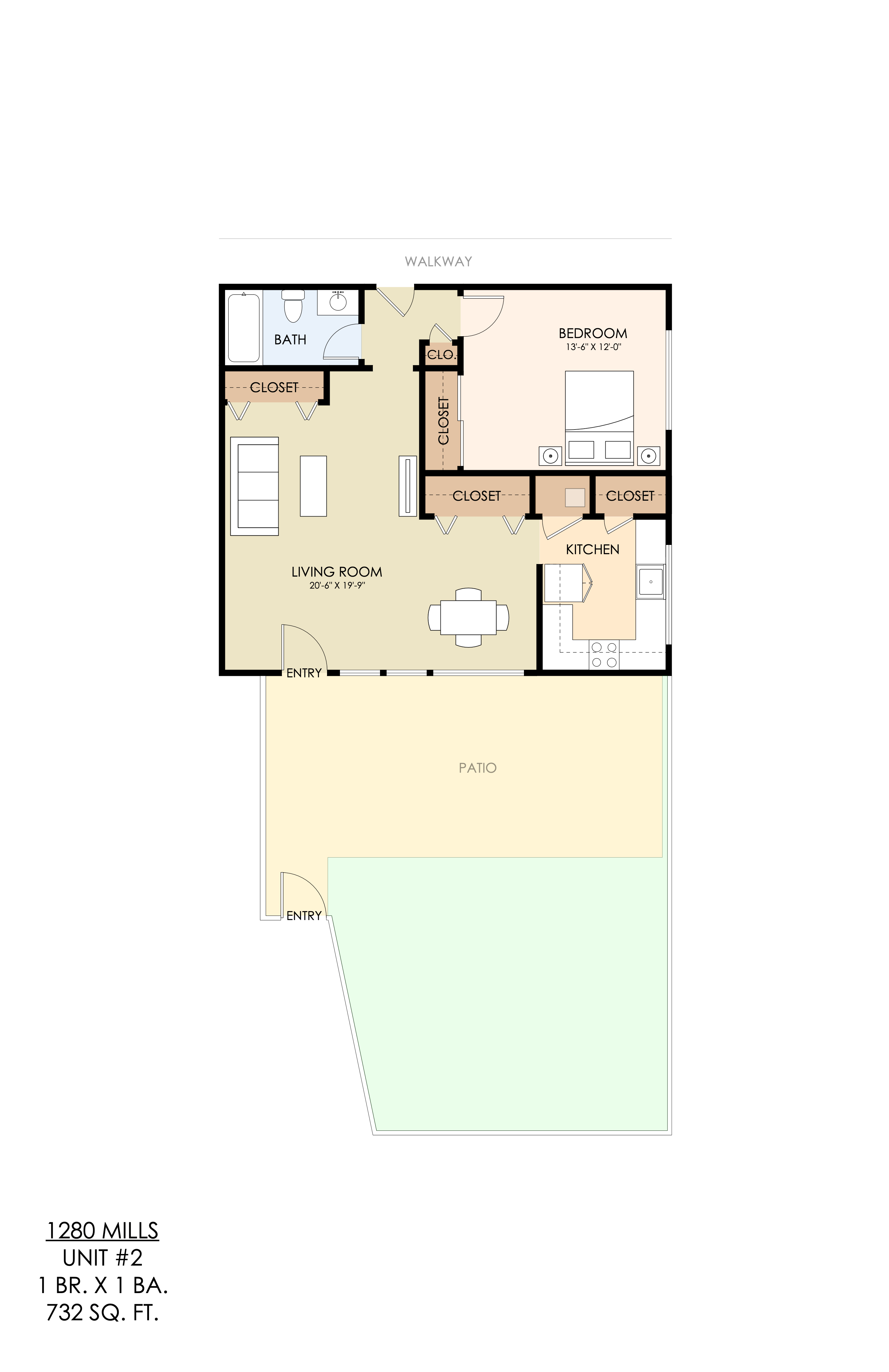 A floor plan of a two-bedroom apartment with a living room, kitchen, and bathroom.