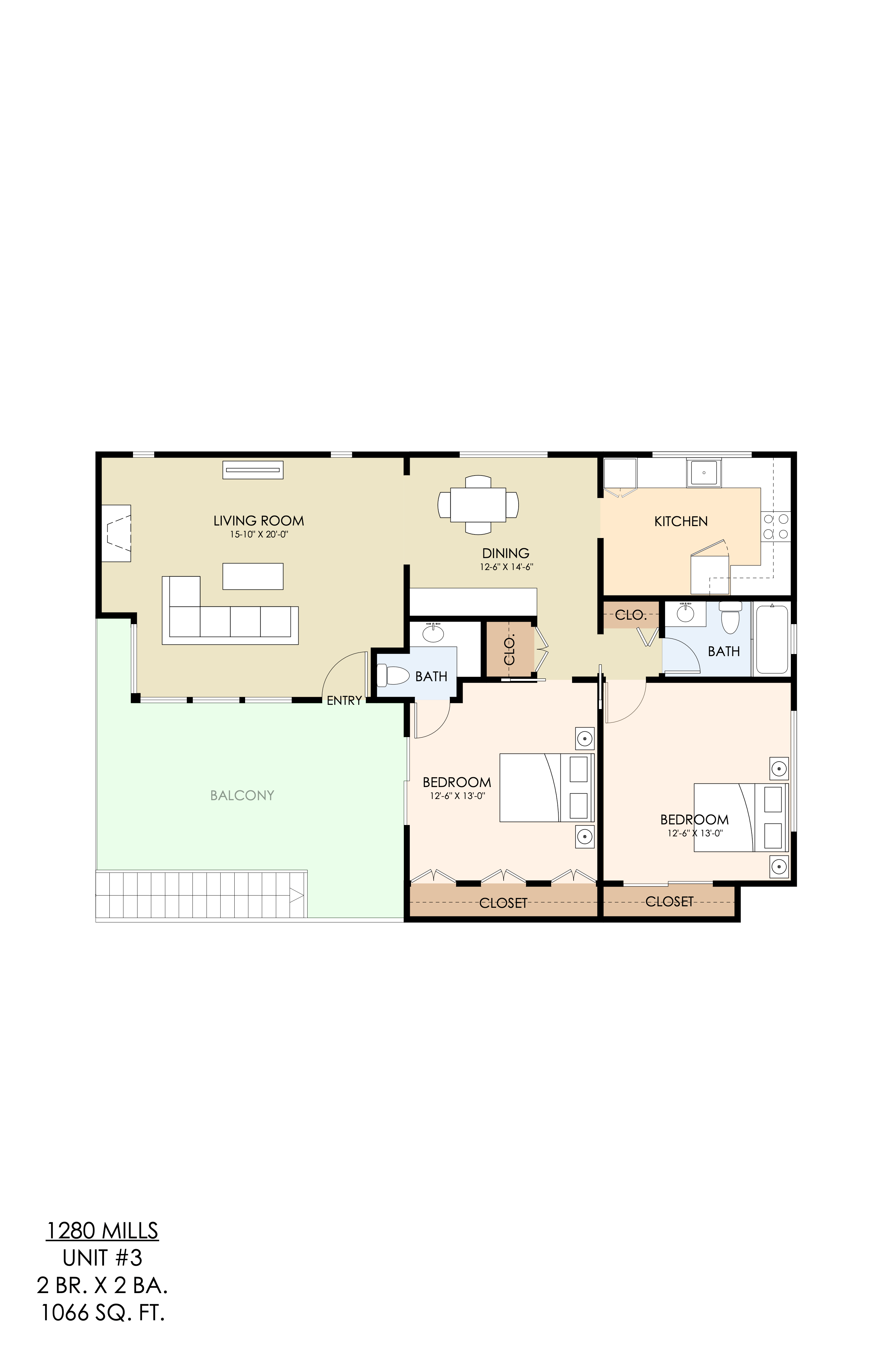 A floor plan of a 1280 square foot unit with three bedrooms and two bathrooms.
