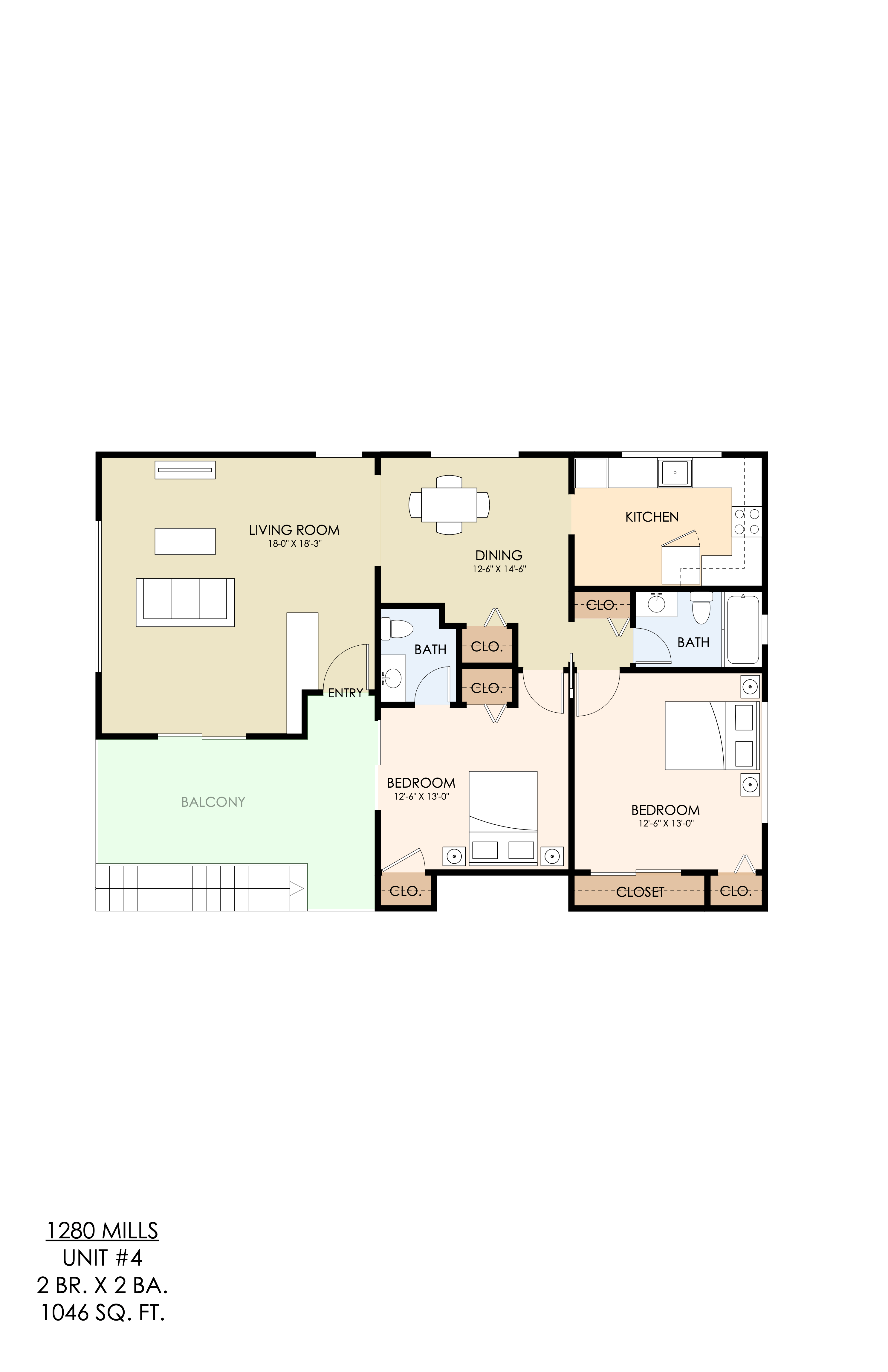 A floor plan of a 1280 square foot unit with a living room, dining room, kitchen, bathroom, and bedrooms.