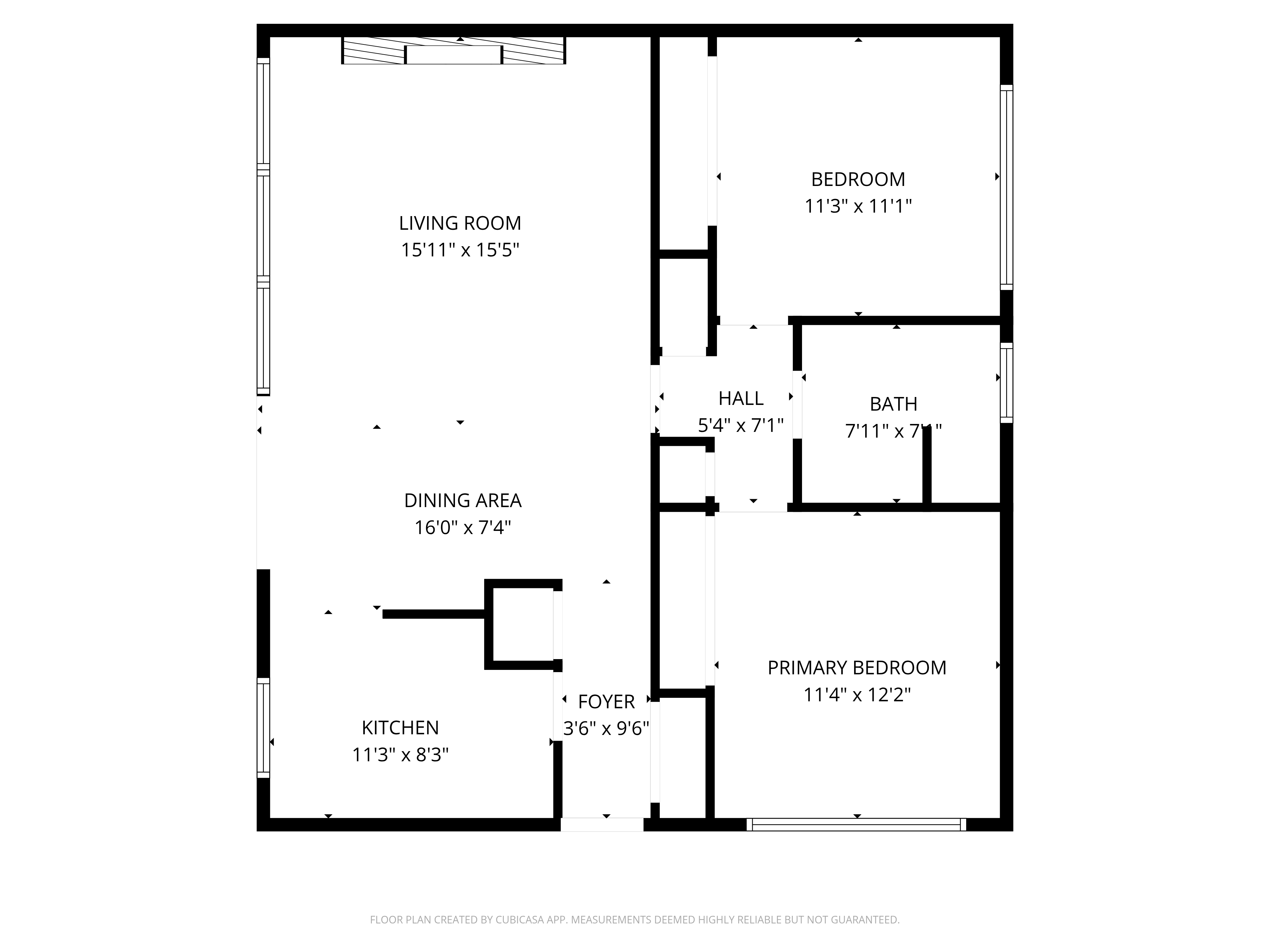 A floor plan for a home with a living room, dining area, kitchen, and three bedrooms.