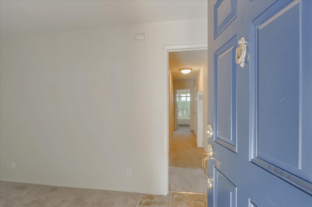 A hallway with a blue door and a carpeted floor.