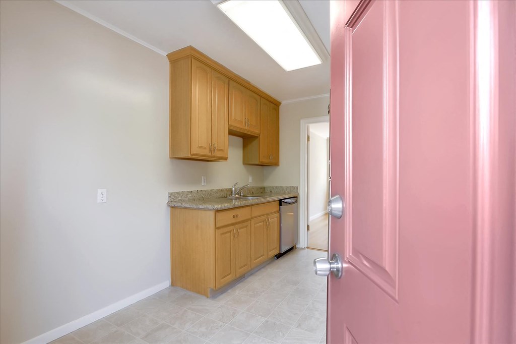 A pink door is on the right side of a kitchen with wooden cabinets and a marble countertop.